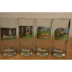 Lot of 4 Vintage Ashby Cartoon Golf Highball Water Glass Funny‎ Gold Rim 12oz